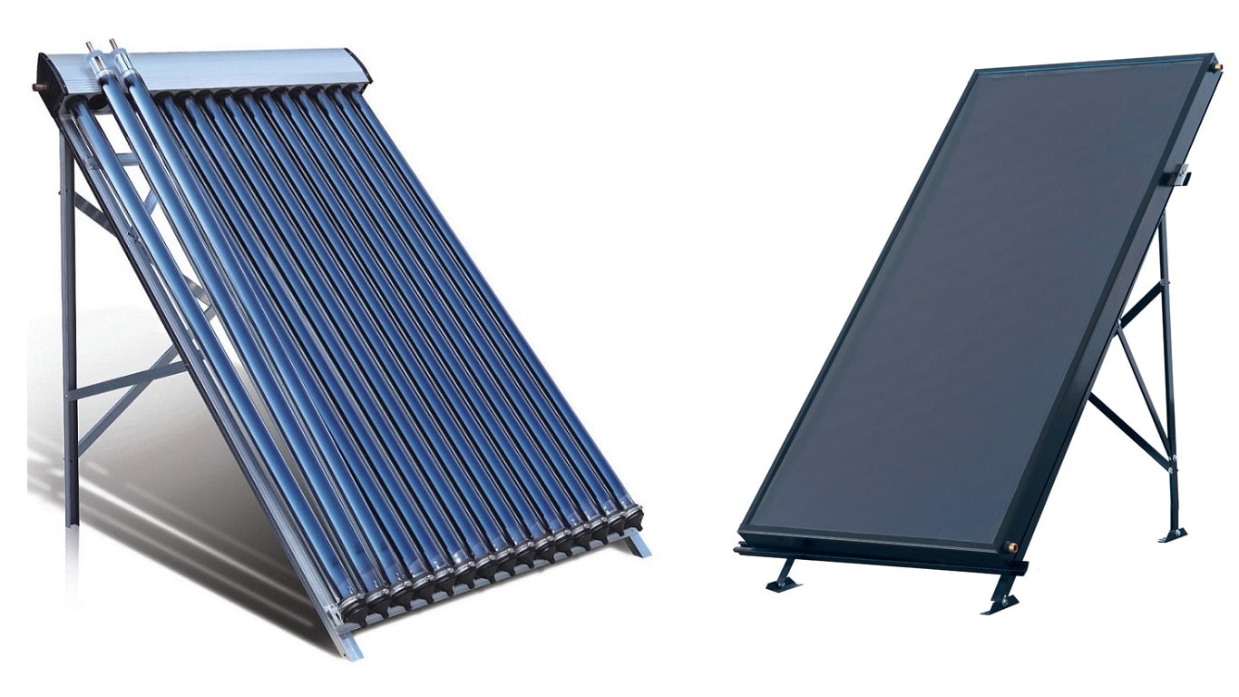 An image showing a solar thermal panel system for solar water heating, with both flat plate and evacuated tube panels visible.