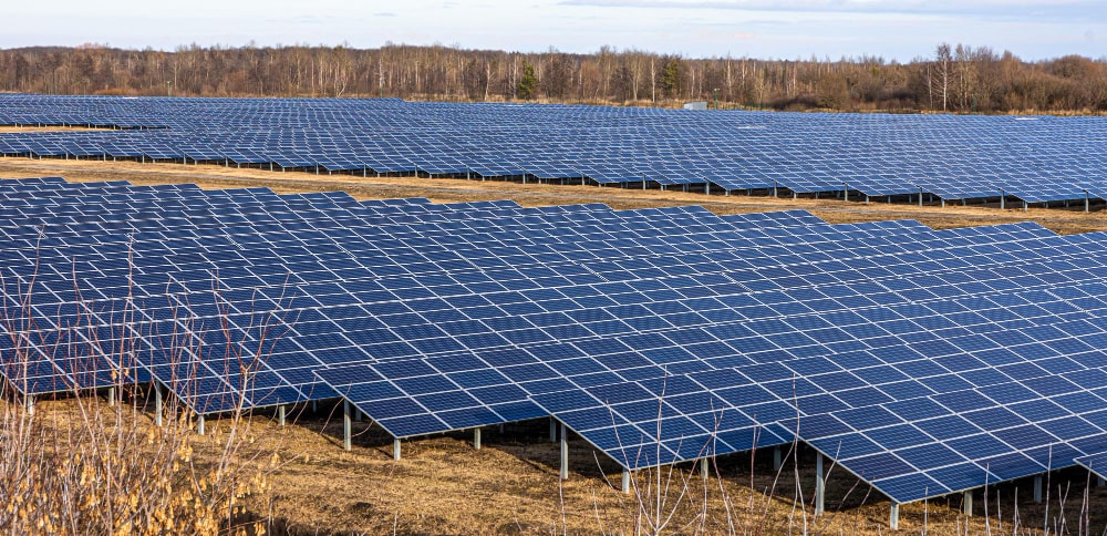 A large solar farm with solar panels in the background